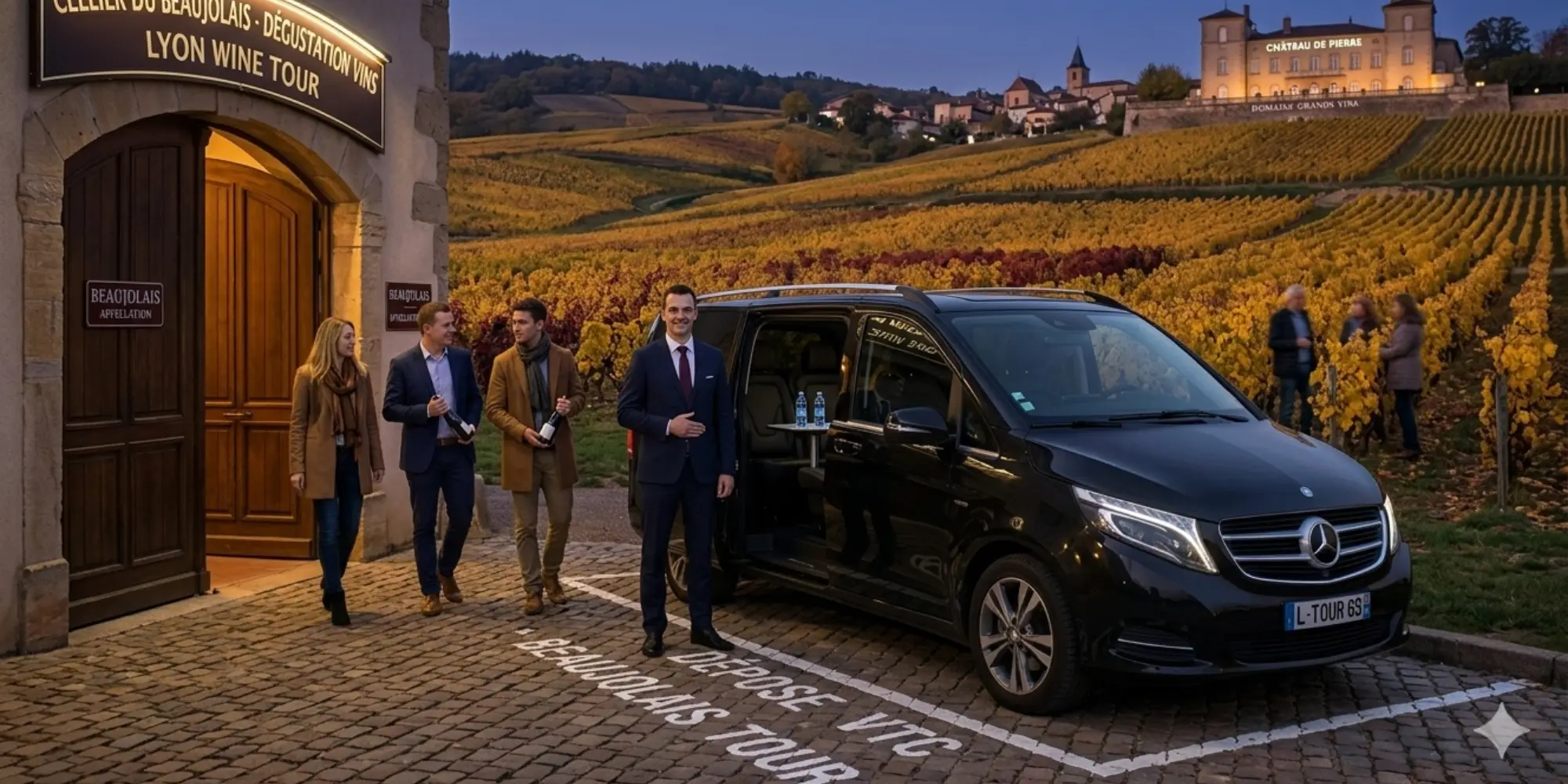 Golden Beaujolais vineyards in autumn with a private chauffeur car parked at a cellar door — Lyon wine tour