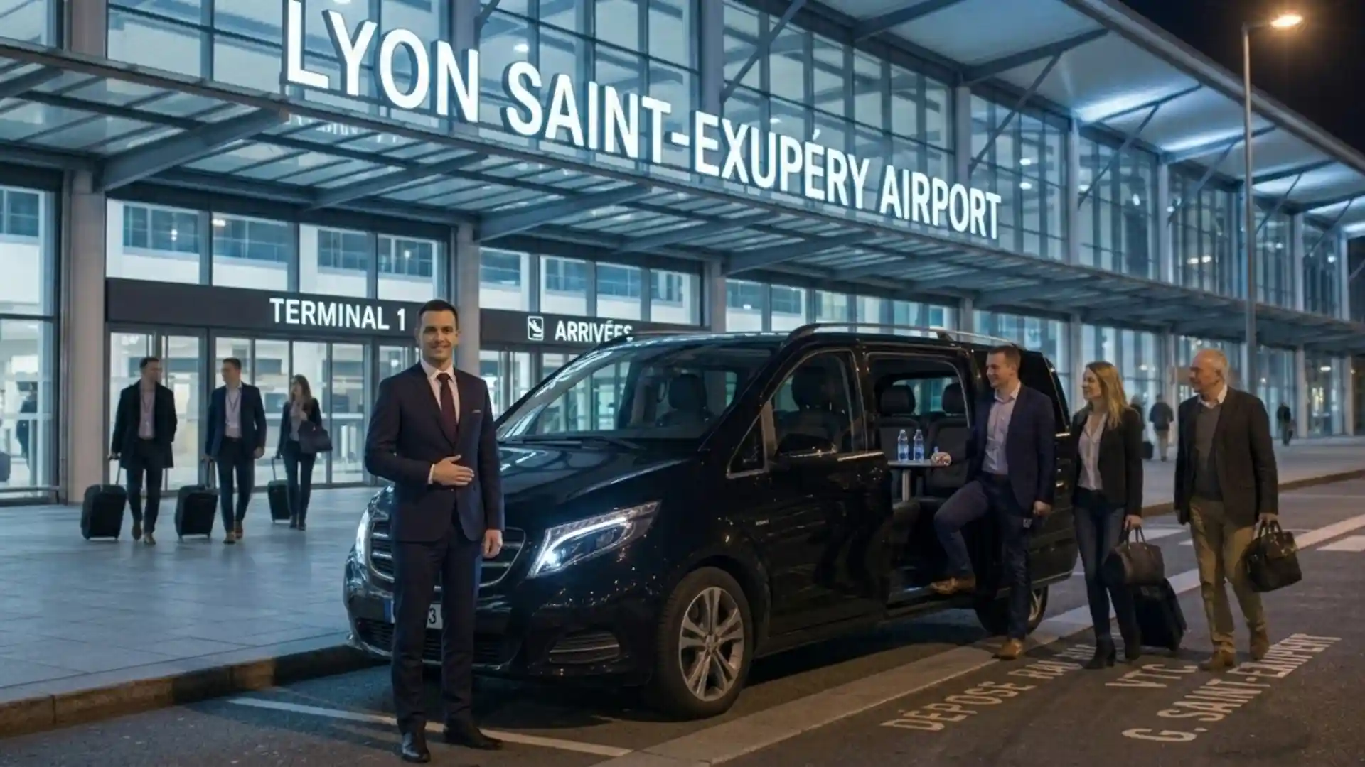Uniformed chauffeur standing beside a black Mercedes-Benz outside Lyon Saint-Exupéry Airport at night
