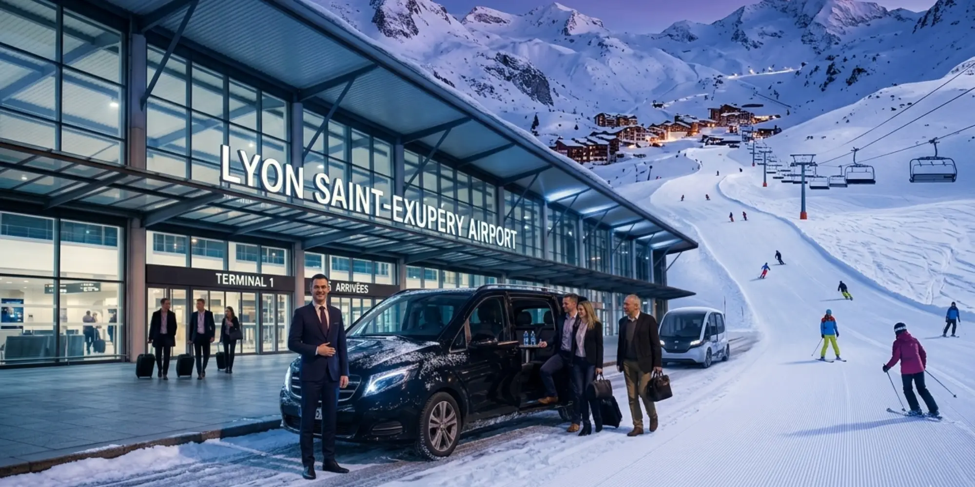 Snow-covered Alpine ski resort with piste leading down from Lyon Airport private transfer